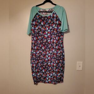 Lularoe Julia, XL, color black w/ multi color shapes & mint green sleeves & trim